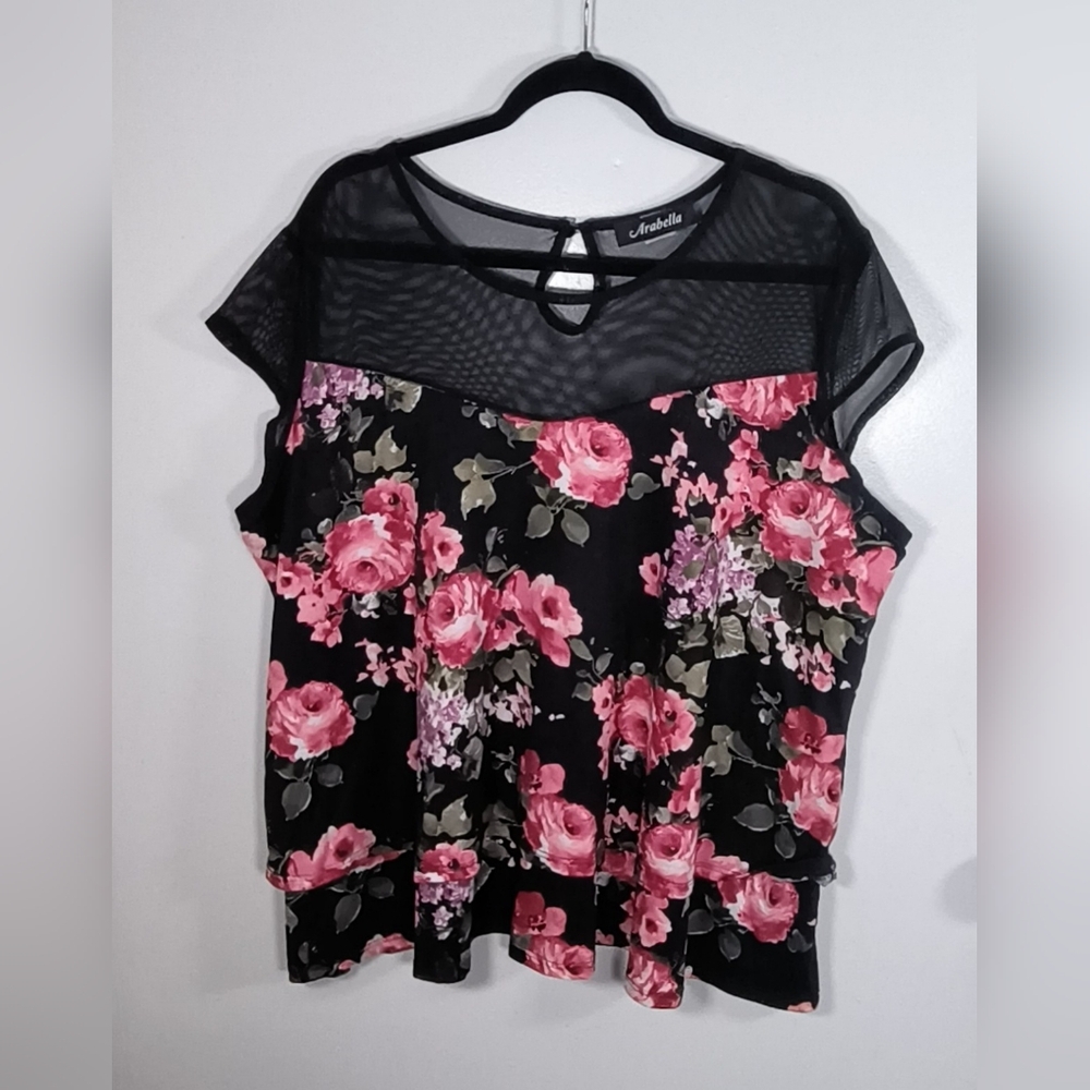 Black and Pink Floral Blouse Size 3X